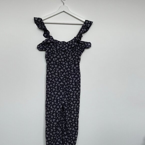 Jumpsuit One piece Summer Navy blue outfit with flower patterns and ruffles - Picture 2 of 12